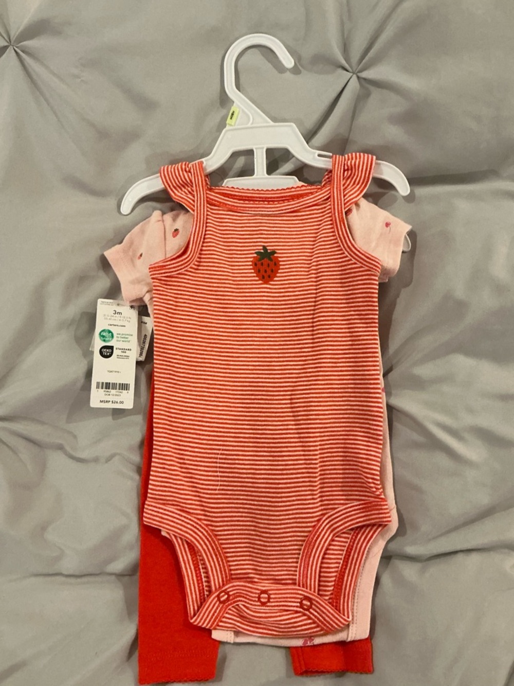 NWT-Carter's Baby Girl Coral & White Striped with Strawberries 3 pc Set-Size 3M